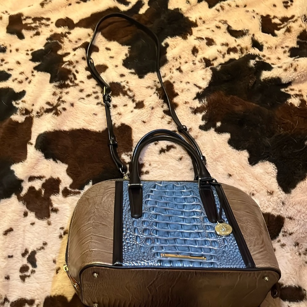 Brahmin two-toned leather zipper top close dome bag; blue Croc-embossed & brown